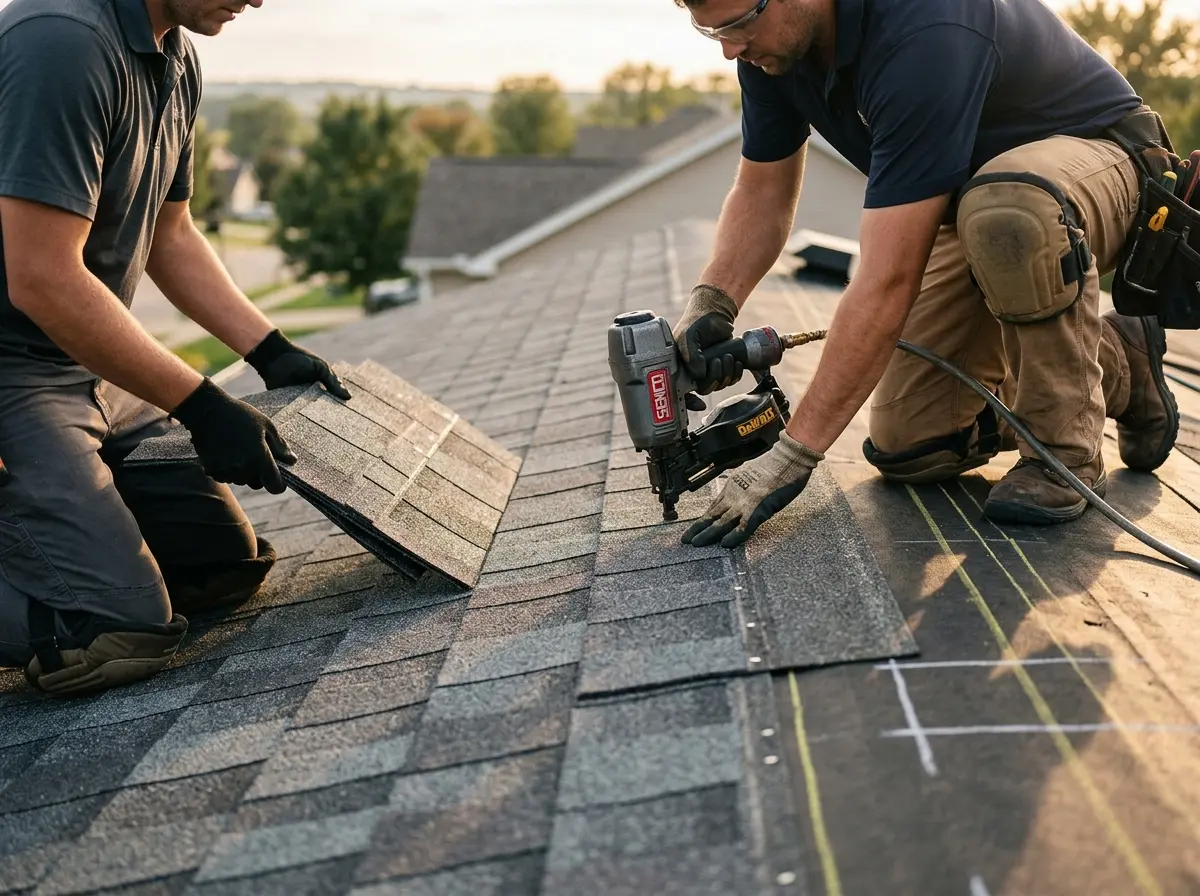 Professional roofer working on a residential roof in Lysander